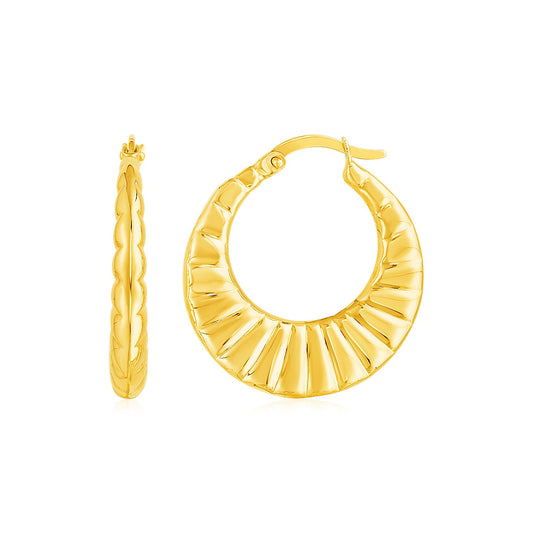 14k Yellow Gold Wide Puffed and Scalloped Hoop Earrings