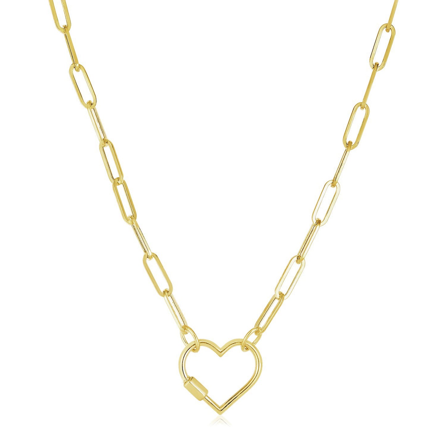 14k Yellow Gold Paperclip Chain Necklace with Heart Carabiner Clasp