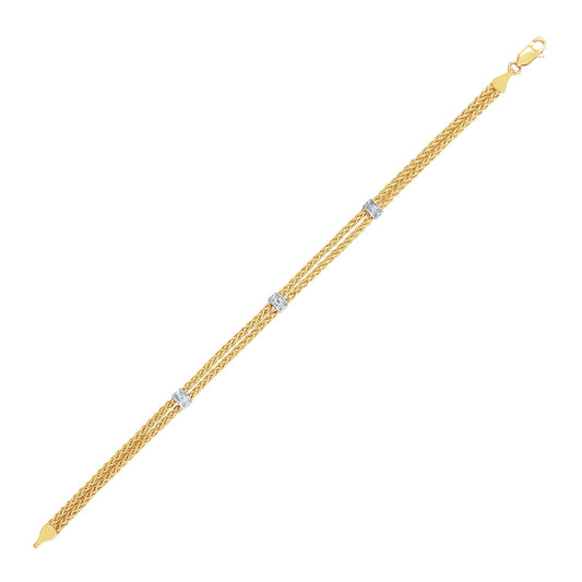 14k Two-Tone Gold Dual Wheat Chain Bracelet with Diamond Stations (.02 cttw)