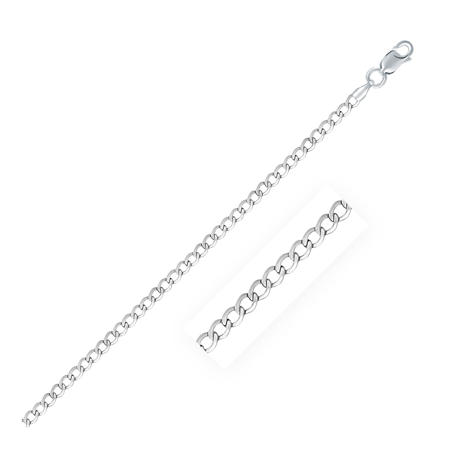 Rhodium Plated 3.0mm Sterling Silver Curb Style Chain