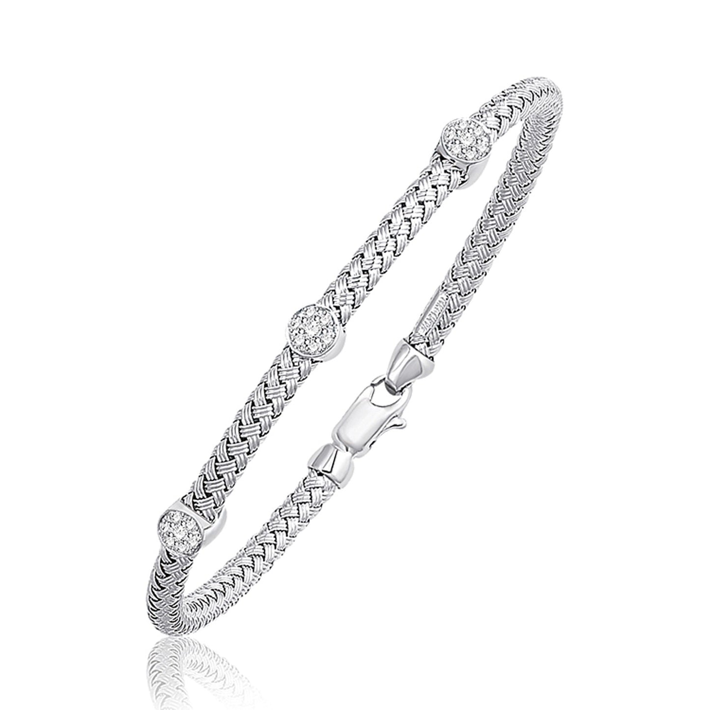 Basket Weave Bangle with Diamond Accents in 14k White Gold (4.0mm)