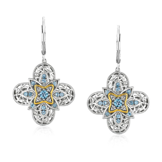 Sterling Silver and 14k Yellow Gold Blue Topaz Quatrefoil Earrings with Diamonds