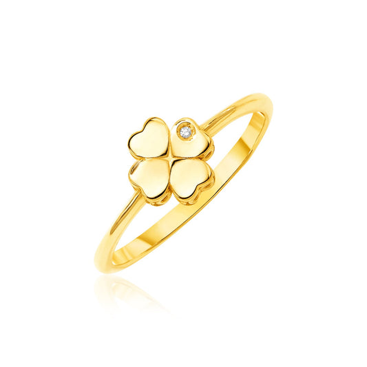 14k Yellow Gold Polished Four Leaf Clover Ring with Diamond