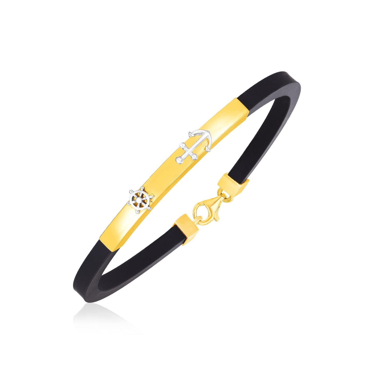 14k Yellow Gold and Rubber Mens Bracelet with Bar and Nautical Motifs