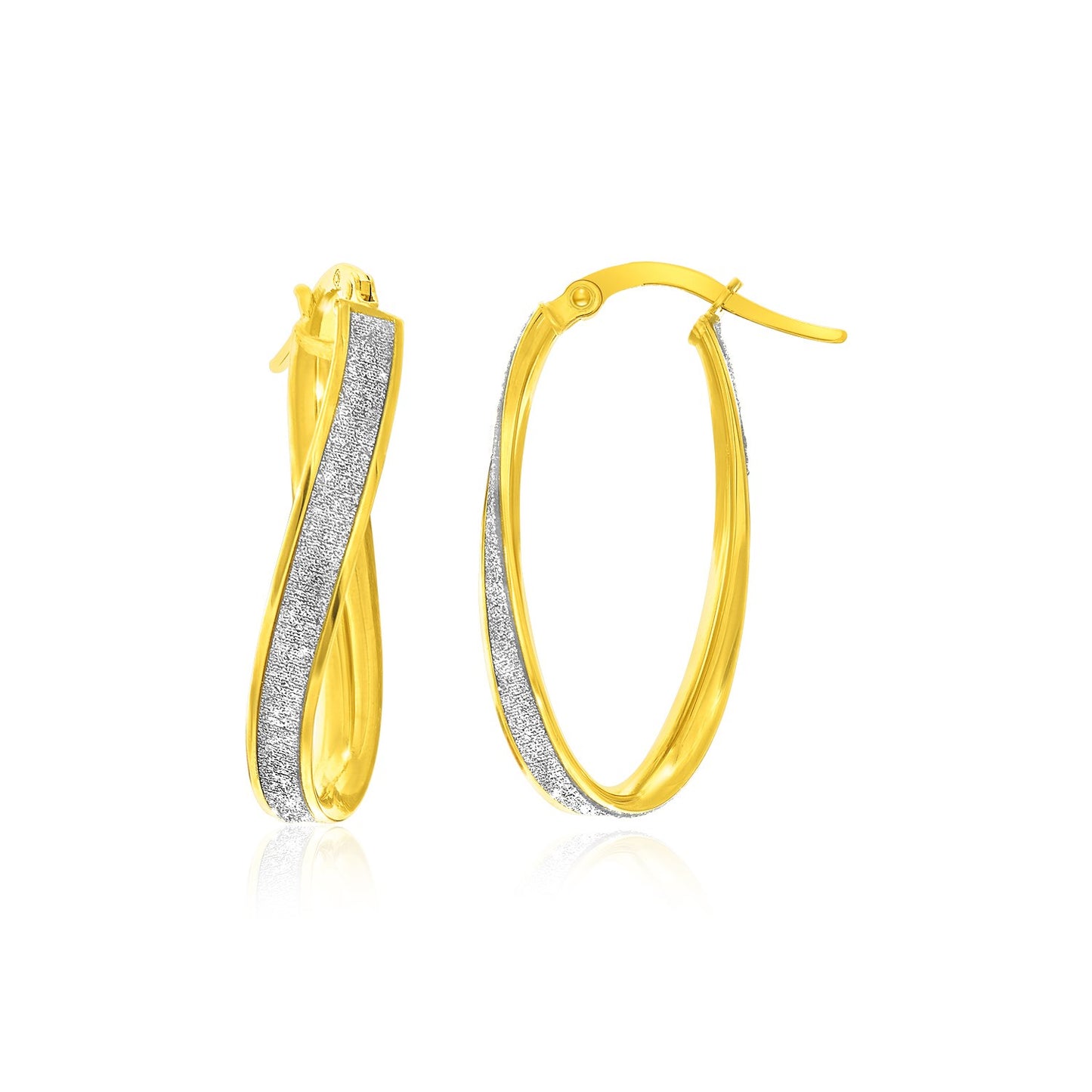 14k Two-Tone Gold Oval Hoop Twist Glittery Earrings