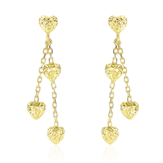 14k Yellow Gold Puffed Heart Diamond Cut Chain Dangling Earrings