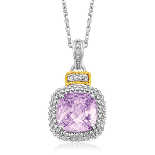 18k Yellow Gold & Sterling Silver Cushion Amethyst and Diamond Pendant