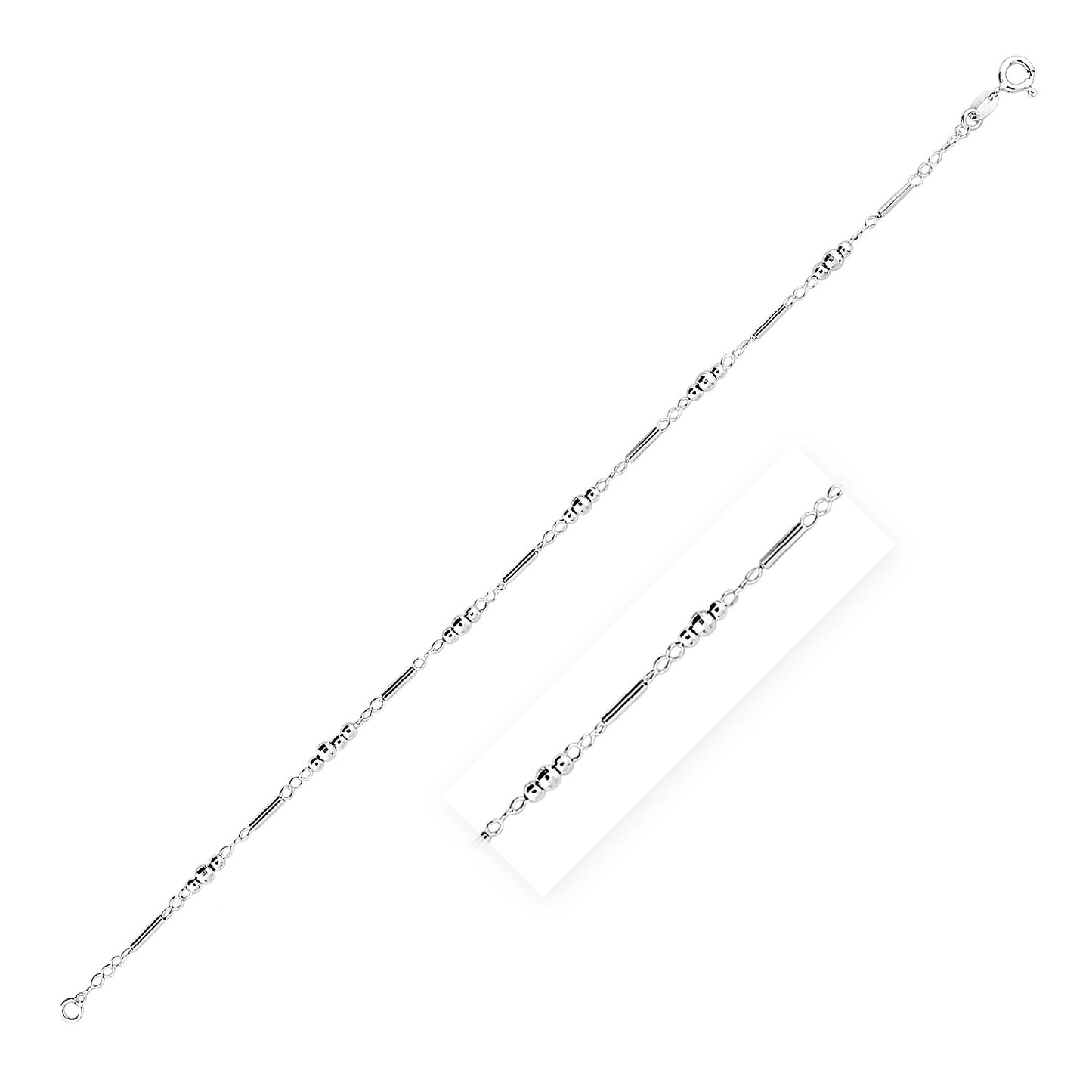 Sterling Silver Anklet with Polished Bars and Beads