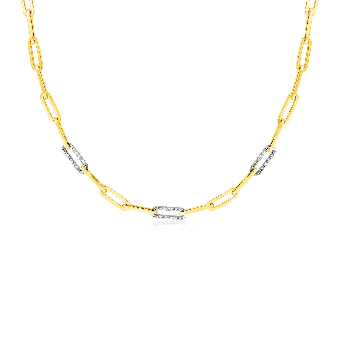 14k Yellow Gold Paperclip Chain Necklace with Three Diamond Links