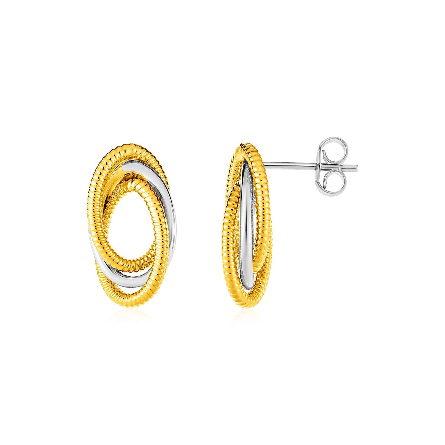 14k Two Tone Gold Post Earrings with Three Interlocking Ovals