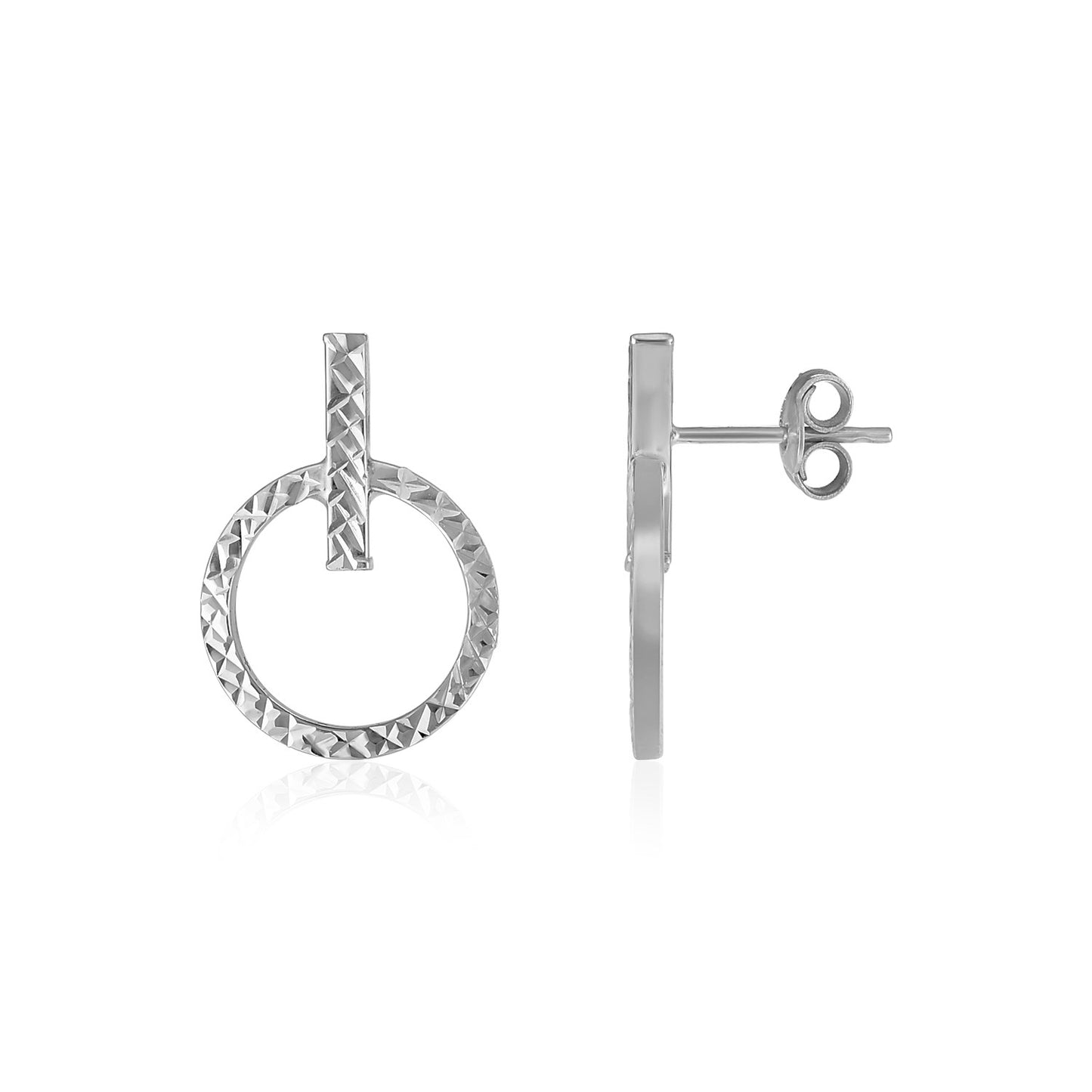 14k White Gold Textured Circle and Bar Post Earrings