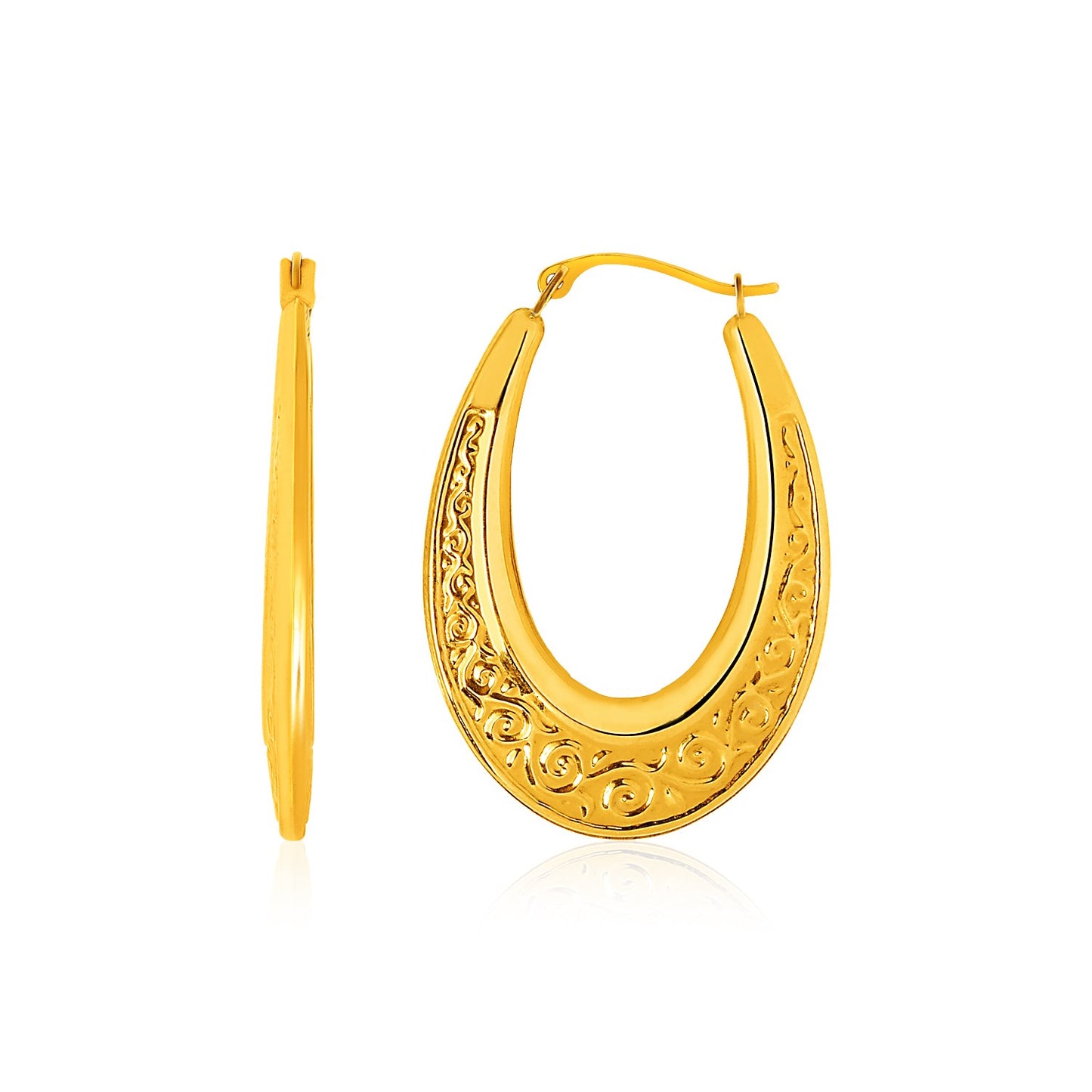14k Yellow Gold Graduated Oval Hoop Earrings with Swirl Design