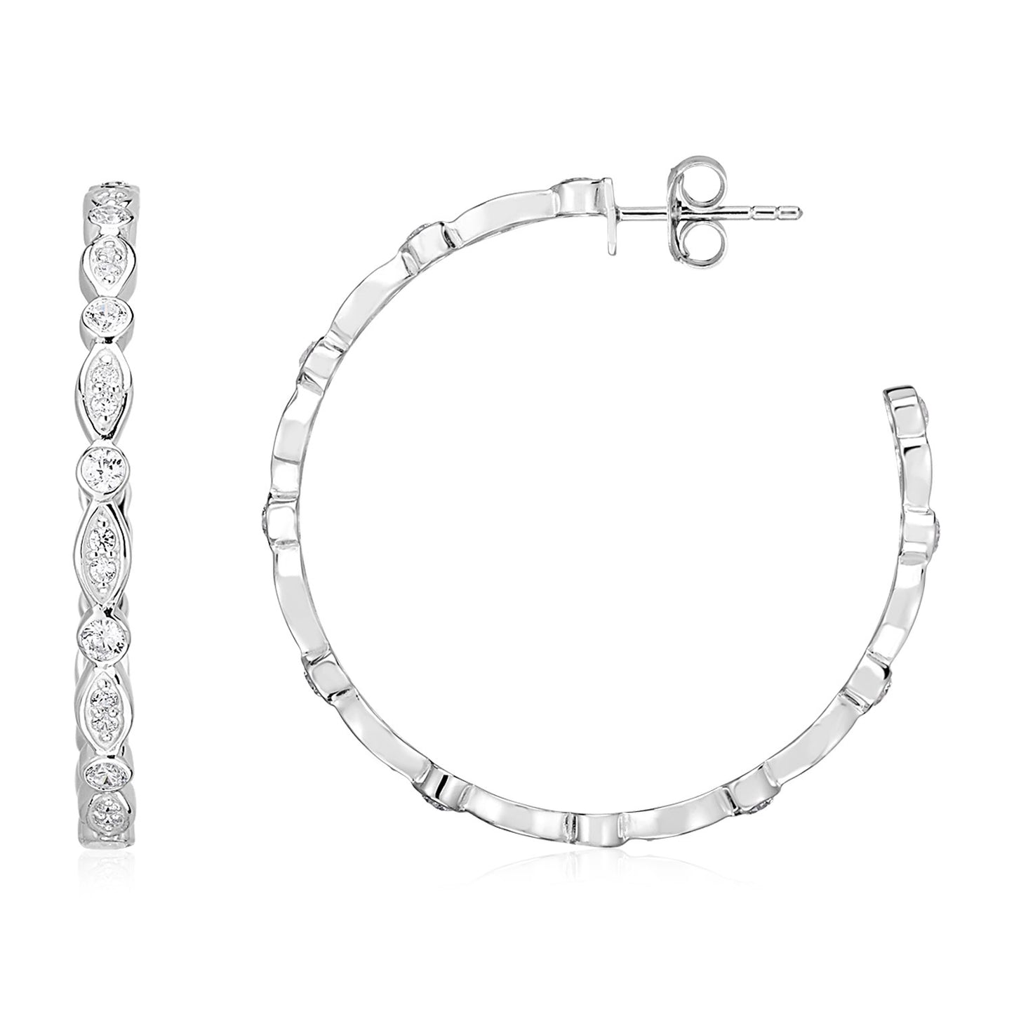 Sterling Silver Hoop Earrings with Round and Marquise Cubic Zirconias