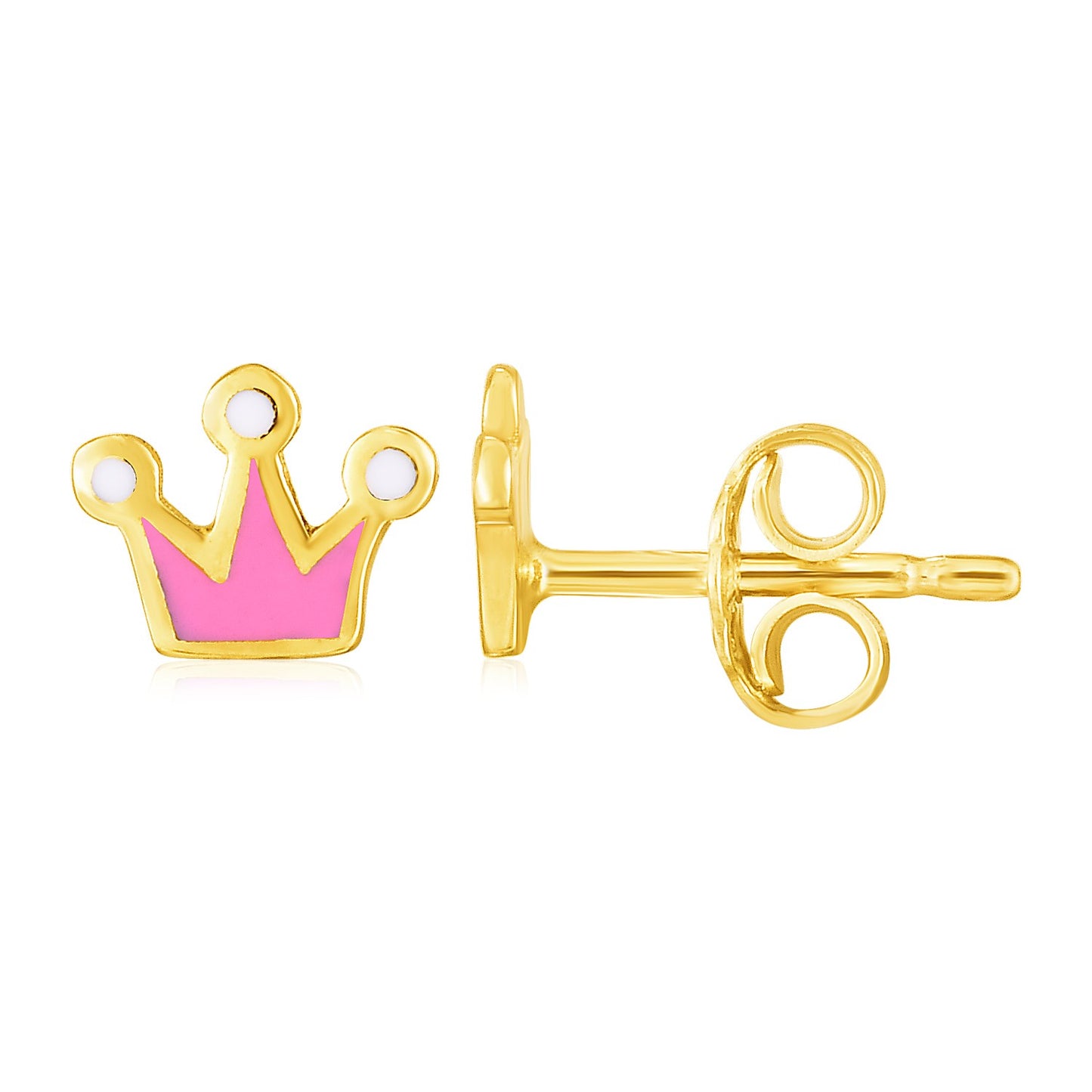 14k Yellow Gold and Enamel Pink Crown Stud Earrings