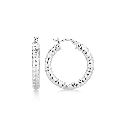 Sterling Silver Thick Rhodium Plated Faceted Design Hoop Earrings