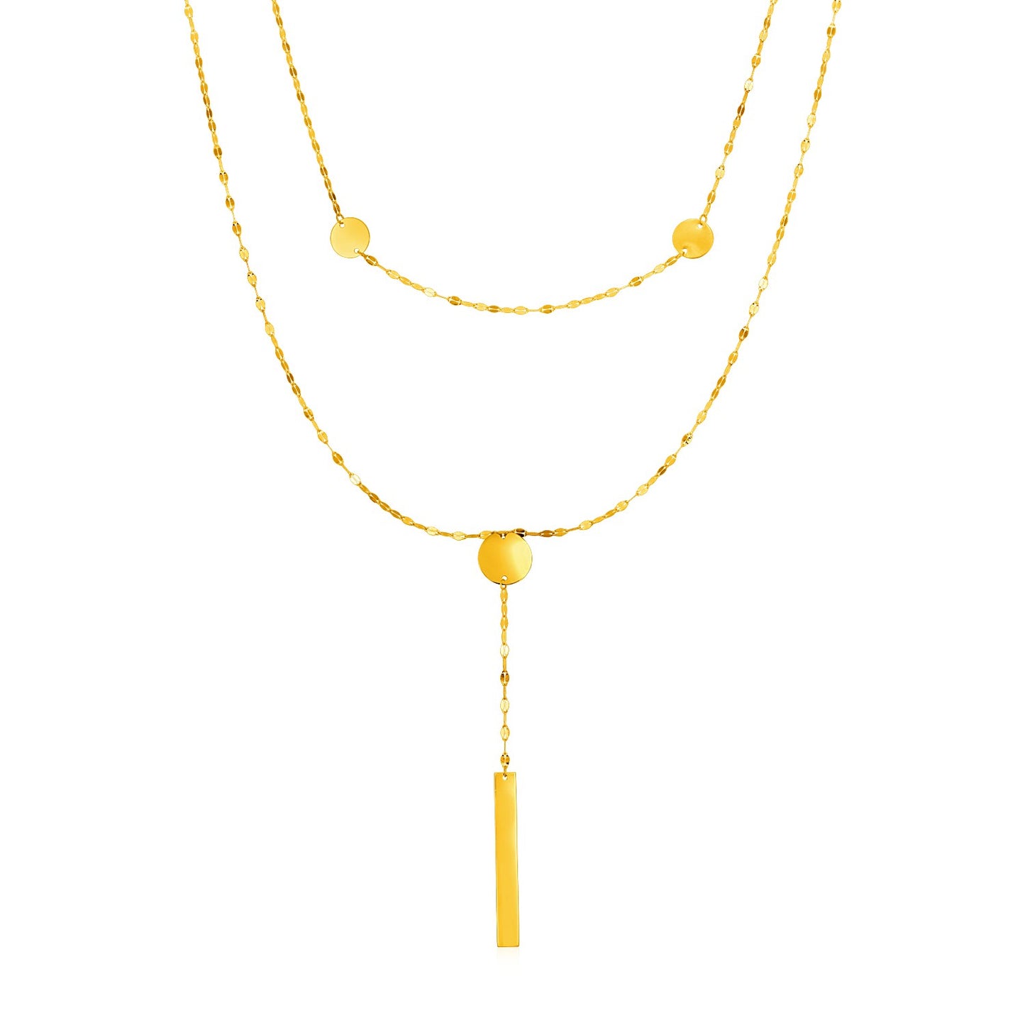 14k Yellow Gold Two Strand Necklace with Polished Circles and Bar Drop