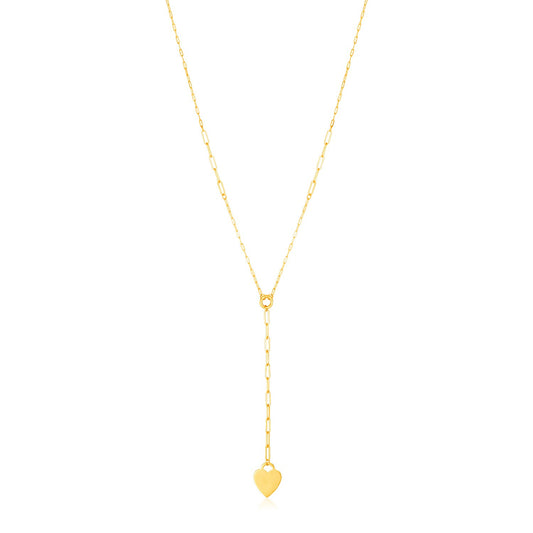 14k Yellow Gold Paperclip Chain Lariat Necklace with Heart