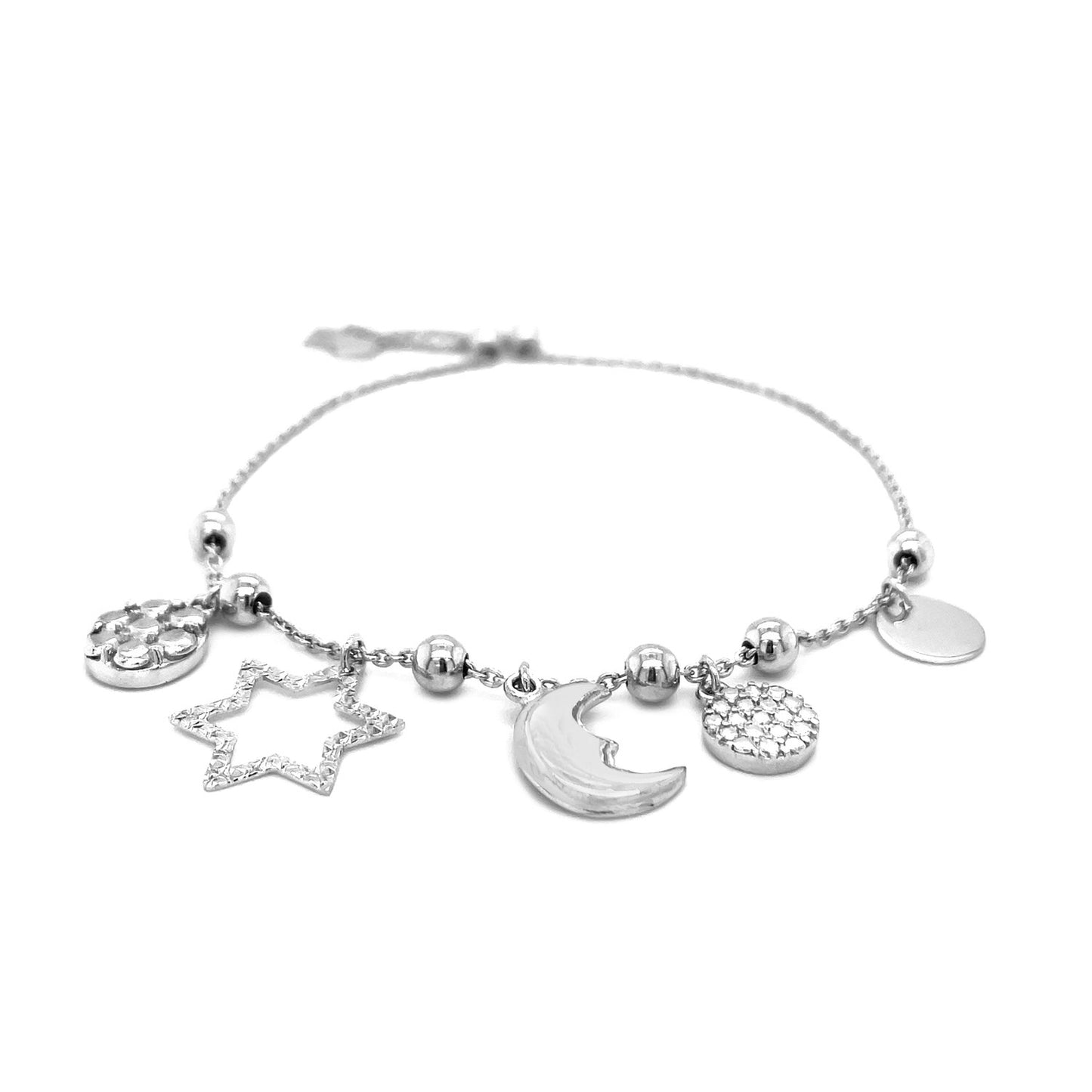 Adjustable Bead Bracelet with Celestial Charms in Sterling Silver